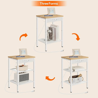 HOOBRO Side Table with Charging Station and USB Ports, Small End Table for Small Space, 3-Tier Nightstand with Adjustable Shelf, for Living Room, Bedroom and Balcony, Natural and White WN112BZ01