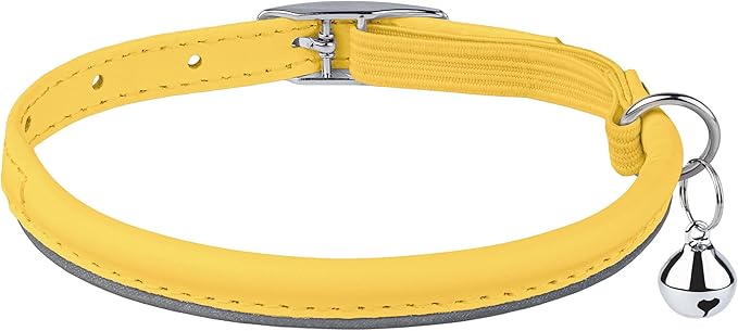 OOPSDOGGY Rolled Leather Cat Collar with Bell, Reflective Kitten Collars with Buckle Include Safety Elastic Strap - Adjustable Small Pet Collars for Boy Girl Cats (Yellow)-Mewly Pet