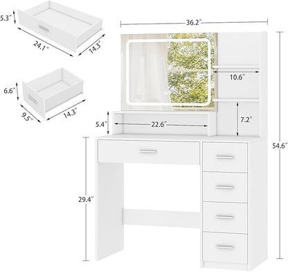 Quimoo Makeup Vanity Desk with LIighted Mirror, Vanity Desk with 5 Drawers & Storage Shelves, Vanity Table, 3 Color Modes & Adjustable Brightness Dressing Table, Bedroom