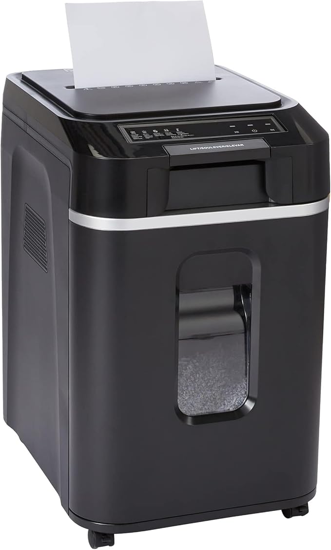 Amazon Basics 200-Sheet Auto Feed Cross Cut Paper Shredder with Pullout Basket, Black-Mewly Pet