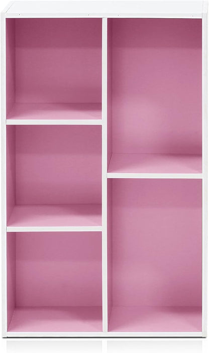Furinno LUDER Book Shelf, 5-Cube Bookshelf, Reversible Bookcase, 9.4" x 19.5" x 31.5", for Living Room, Bedroom, Home Office, White/Pink