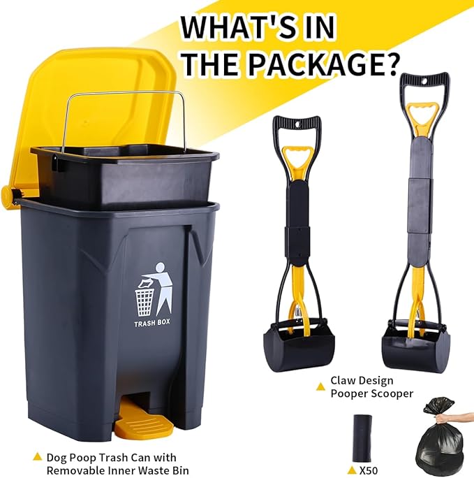 Pooper Scooper 2 Pack with 20 Litre Step Dog Poop Trash Can, 28" Long Handle Dog Poop Scoopers for Large Small Dogs Heavy Duty, Removable Inner Bucket for Outdoors, 50 Waste Bags Included-Mewly Pet