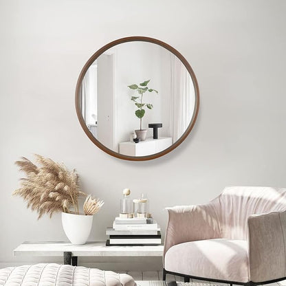 WallBeyond Circle Mirror with Wood Frame, 28" Round Modern Decoration Large Home Decor Mirror for Bathroom Living Room Bedroom Entryway (28" Diameter, Walnut)