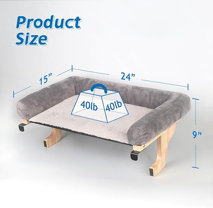 Cat Perch for Window Sill with Bolster - Orthopedic Hammock Design with Premium Hardwood & Robust Metal Frame - Cat Window Seat for Large Cats and Kittens - Natural Color Wood with Gray Bed-Mewly Pet