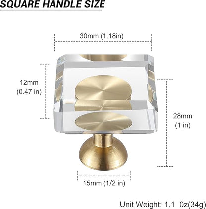 6-Pack 1-1/4-Inch White Cabinet Glass Crystal knobs Brass Drawer Round Knobs Dresser Pulls, Gold Hardware Kitchen Closet knobs for Bifold Doors (Square-1.2inch, 6-Pack)