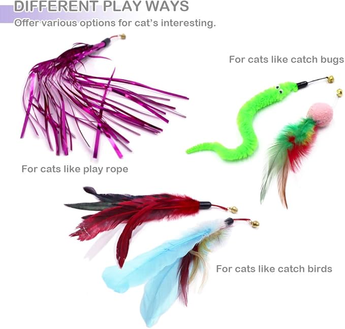 Cat Toy Wand, Interactive Feather Teaser Cat Toys Set, Retractable Cat Fishing Rod with 5pcs Refills (Purple)-Mewly Pet