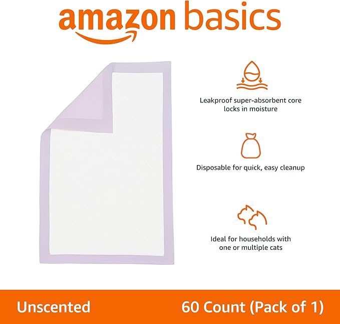 Amazon Basics Cat Pee Pads, 60 Count, Universal Fit for Litter Box, Odor Control, Unscented, White/Purple-Mewly Pet