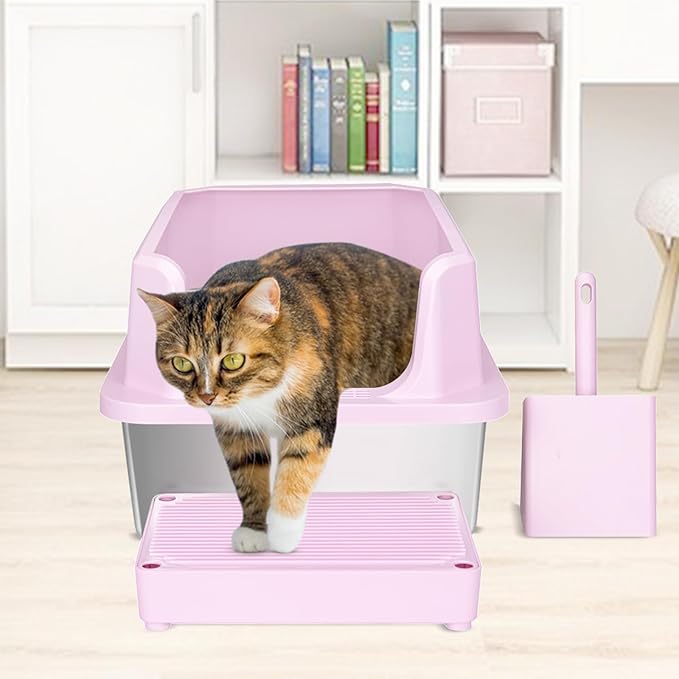 RIZZARI Large Stainless Steel Cat Litter Box: Open Top Leak-Proof Large Cat Pan - Odor Control for Indoor Multi-Cat Homes (Light Pink, 23.8" L*16" W*12" H)-Mewly Pet