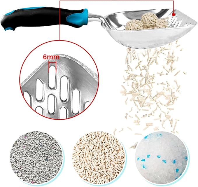 Cat Litter Scoop-Metal Cat Scooper-Long Handle Scoop,Cat Scooper-Poop Sifting-Mesh Shovel-Suitable for Cat Litter Box(Blue)-Mewly Pet