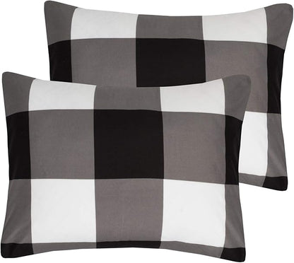 7 Piece Comforter Set Bag Solid Color All Season Soft Down Alternative Blanket & Luxurious Microfiber Bed Sheets, King, Buffalo Plaid Black/White
