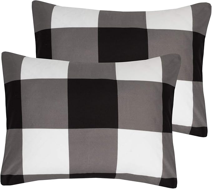 7 Piece Comforter Set Bag Solid Color All Season Soft Down Alternative Blanket & Luxurious Microfiber Bed Sheets, Full, Buffalo Plaid Black/White