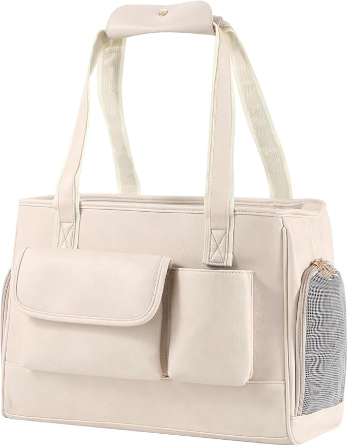 Dog Carrier Purse, Fashion Leather Pet Carrier Bag, Airline Approved Soft Sided Cat Travel Tote Bag with Pockets White-Mewly Pet
