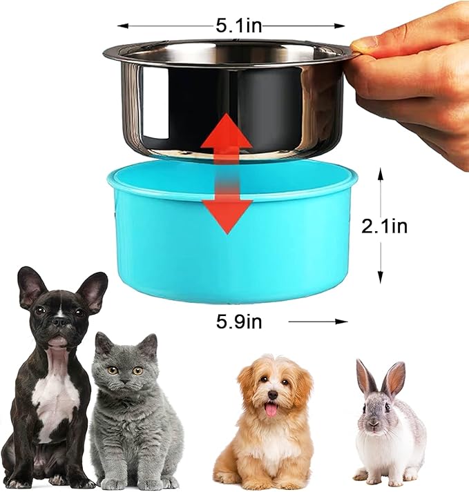 HERCOCCI Dog Crate Bowl, Removable Stainless Steel Pet Kennel Cage Hanging Food Bowls and Water Feeder Coop Cup Prevent Overflow for Puppy, Medium Dog, Cat, Rabbit, Ferret (3PCS)-Mewly Pet
