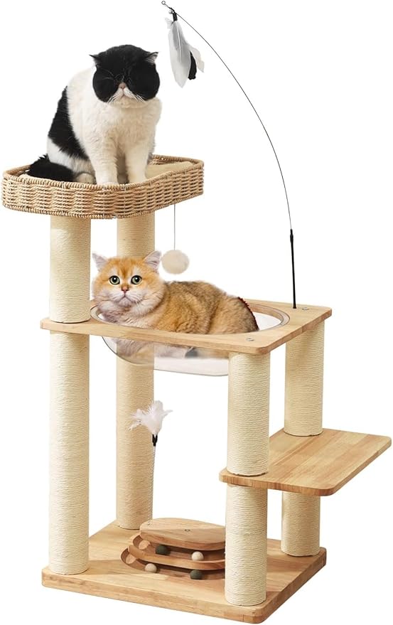 34 Inch Solid Wood Cat Tree Tower with Space Capsule, Hand-Woven Basket Nest, Feather Toy, Hanging Balls, Sisal Posts, 4-Tier Indoor Climbing Cat Tower for Kittens-Mewly Pet