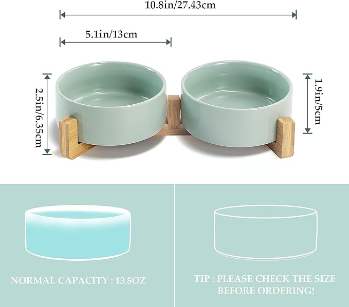 SPUNKYJUNKY Ceramic Dog and Cat Bowl Set with Wooden Stand, Modern Cute Weighted Food Water Set for Small Size Dogs (13.5OZ) & Medium Sized Dogs (28.7OZ) & Cats (1.7 Cups, 2 × Light Green)-Mewly Pet