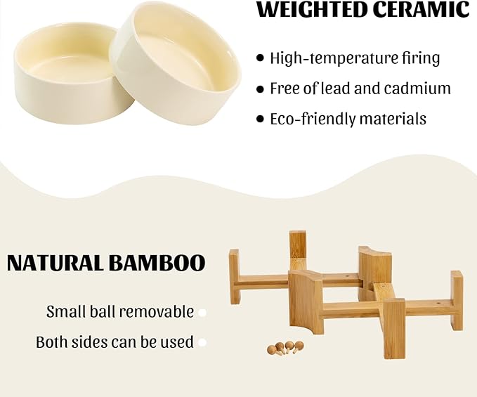 SPUNKYJUNKY 15° Slanted Ceramic Dog and Cat Bowl with Wooden Stand, Tilted Bulldog Food and Water Bowl No Slip Non-Spill for Cats Medium Dogs Big Face Pets 28.7 OZ (3.6 Cups, Beige × 2)-Mewly Pet