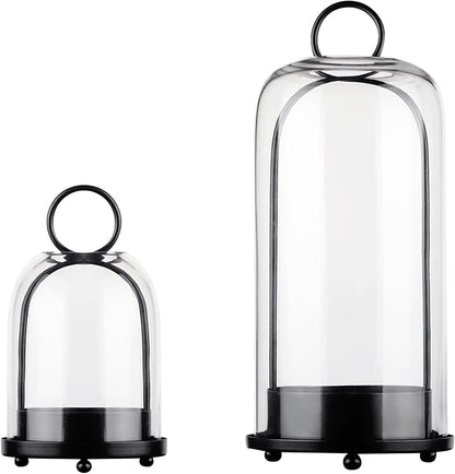 5" & 4" Wide Versatile Metal Candle Holder in Black with Handmade Thick, Heavy & Sturdy Glass Dome for Pillar Candle, Industrial, Modern, Shelf, Mantel, Veranda, Porch (2, Black, Large & Small)