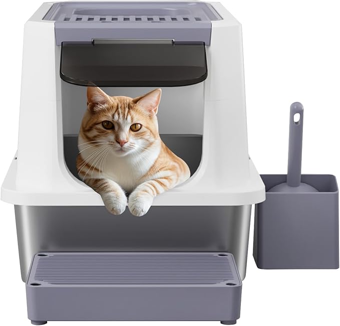 RIZZARI Stainless Steel Cat Litter Box, Odorless Enclosed Litter Box with Top Holes, Large Litter Pan for Small to Large Sized Cats (Light Gray, 23.8" L*15.9" W*16.1" H)-Mewly Pet