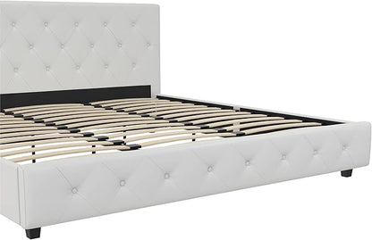 DHP Dakota Upholstered Platform Bed with Diamond Button Tufted Headboard and Footboard, No Box Spring Needed, King, White Faux Leather