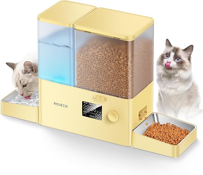 Rojeco 36Cups/8.5L Pet Automatic Cat Feeder and Gravity Water Dispenser,Stainless Steel Bowls 2-in-1 Set Large Capacity 5L Food Feeder and 3.5L Water Fountain for Cats,Pets,Small Dogs,Yellow-Mewly Pet