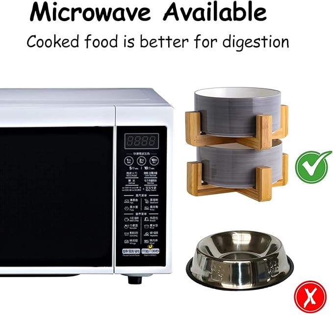 Petygooing Ceramic Cat Dog Bowl Set with Stand, Pet Food and Water Bowl,Medium Pet Dishes Anti Slip Set of 2 Cat Dog Bowls-Cute Modern Pet Food Bowls Small Medium Size (28 OZ /3.6 Cups) Grey White-Mewly Pet