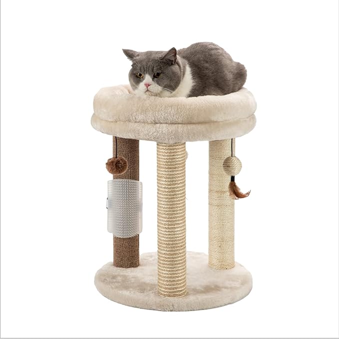 MECOOL 4in1 Small Cat Tree,Scratching Post with Tower Soft Bed, Sisal Carpet Jute Posts with Three Hanging Ball Toys and Massage Brush for Indoor Cats and Kittens-Mewly Pet