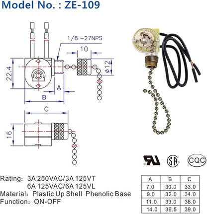 Pull Chain Switch Zing Ear ZE-109 Ceiling Fan Switch Ceiling Fan Light Lamp Replacement 2 Pack Bronze