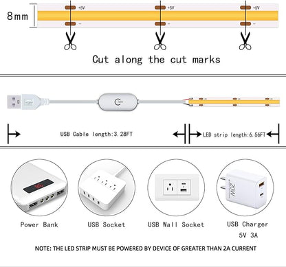 Led Strip Lights 5V USB 6.56ft/2m 640 LEDs Touch stepless Dimmable USB COB LED Strip Light 6000K White 10W Flexible 5v led Lights for Bedroom Kitchen,DIY Lighting Room Decor tv led Lights