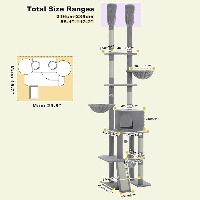 PAWZ Road Tall Cat Tree, Floor to Ceiling Cat Tower with Adjustable Height(85-112 Inches), 7 Tiers Climbing Tower with Cozy Hammocks, 5 Platforms and Scratching Posts for Indoor Cats-Gray-Mewly Pet