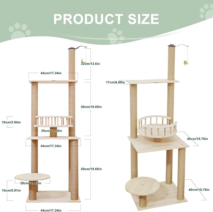 Wood Cat Tree 17” x 16”x 53” Modern Sturdy Cat Tower with Double Condos Hand-Woven Beds & Toys Multilevel Huge Paws Pals Tree Indoor Cat Furniture for Big Cats-Mewly Pet