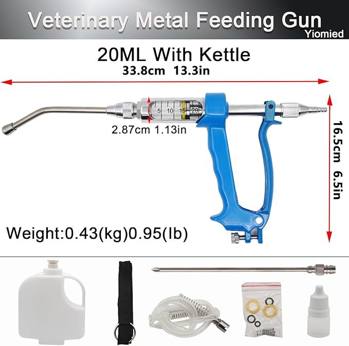 20ML Veterinary Metal Feeding Gun, Continuous Drench Gun Dosing Device Veterinary Adjustable Medicine Dispenser Husbandry Autonomous Feeding Tool, for Pig Cow, Sheep, Horse (Blue, 20ML+Kettle)-Mewly Pet