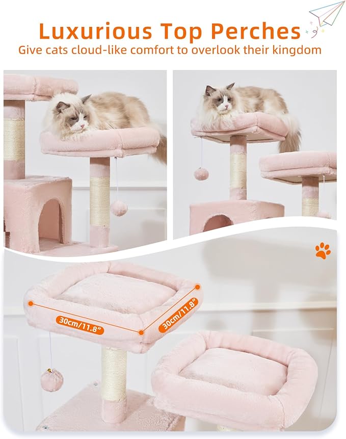 Taoqimiao Cat Tree, 68-Inch Cat Tree Cat Tower for Indoor Cats, Plush Multi-Level Cat Condo with 6 Scratching Posts, 2 Perches, 2 Caves,Hammock, 3 Pompoms,MS020SP Jelly Pink-Mewly Pet