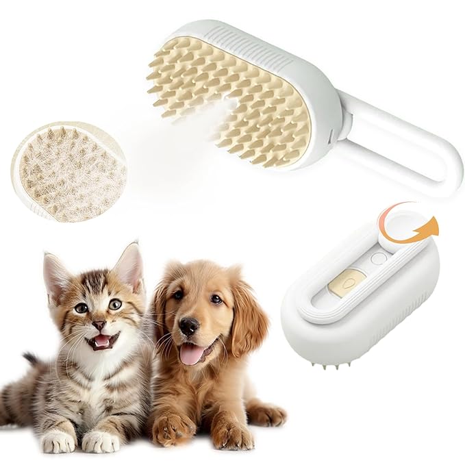 Cat Steam Brush, 3 in 1 Pet Spray Hair Removal Comb, Cats and Dogs Brush for Shedding, Rechargeable Silicone Pet Steam Brushes, Spritz Defur Comb for Massage, Cleaning and Remove Loose Hair - White-Mewly Pet