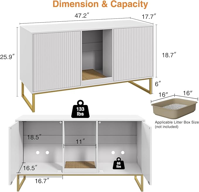 Litter Box Enclosure for 2 Cats, Fluted Hidden Cat Litter Box Furniture with Scratch Pad and Metal Legs, Modern Double Room Kitty House for Living Room, Washroom, 47.2”L x 17.7”W x 25.9”H, White-Mewly Pet