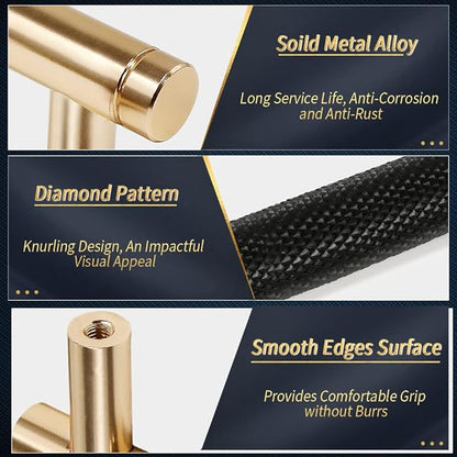 Knurled Cabinet Pulls 6 Pack, 16 Inch Long Cabinet Handles Metal Door Pulls, Kitchen Drawer Pull Knurled Dresser Handles - 10" Hole to Hole, Black & Gold