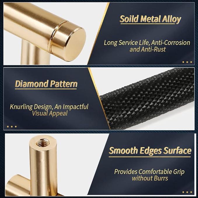 Knurled Cabinet Pulls 6 Pack, 5 Inch Long Cabinet Handles Metal Door Pulls, Kitchen Drawer Pull Knurled Dresser Handles - 3 3/4" Hole to Hole, Black & Gold