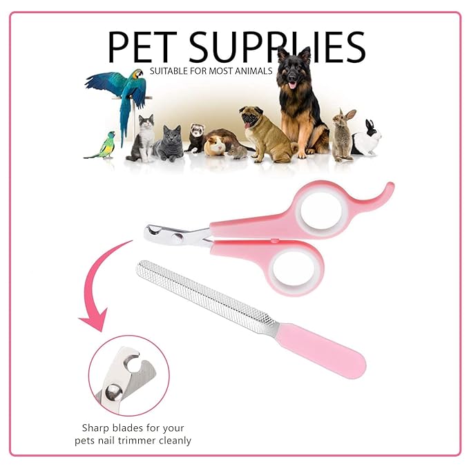 Small Animal Pet Grooming Kit with Pet Shedding Slicker Brush, Bath Massage Glove, Pet Grooming Comb, Nail Clipper Trimmer for Rabbit, Puppy, Kitten, Guinea Pig, Hamster, Ferret (Pink)-Mewly Pet