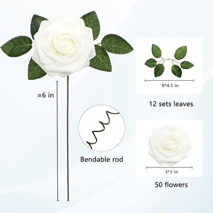 JOYLEX Artificial Flowers Realistic Roses, 50pcs Real Looking Fake Roses with Stem for DIY Wedding Bouquets Centerpieces Bridal Shower Party Home Romantic Decorations (Regular 3" - 50pcs, White)