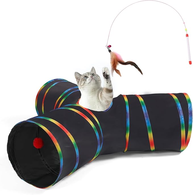LUCKITTY Cat Tunnels Tube Toy with Plush Ball & Cat Wand Feather Toys-Portable Tattaff Waterproof Washable-Interesting Geometric Pattern Collapsible-3 Way Black Rainbow-Mewly Pet