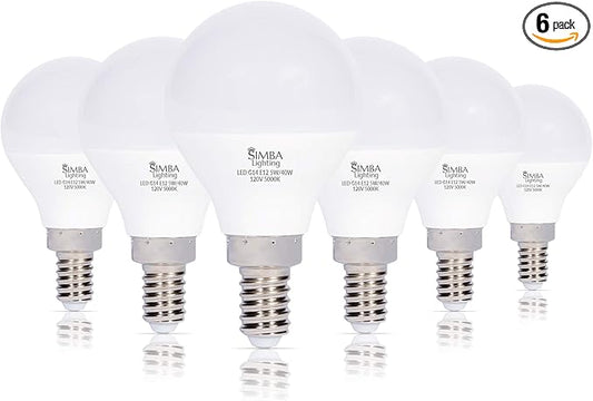 Simba Lighting LED Candelabra E12 Base G14 Small Globe 5 Watt 40W Replacement Light Bulb (6 Pack) for Ceiling Fan, Chandelier, Vanity, Round A15 Frosted White Cover, Non-Dimmable, 5000K Daylight