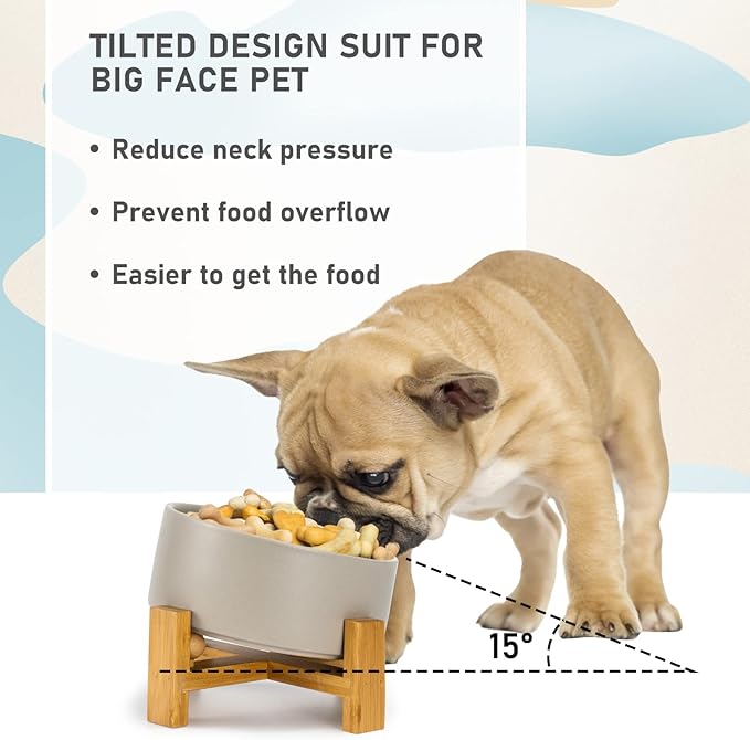 SPUNKYJUNKY 15° Slanted Ceramic Dog and Cat Bowl with Wooden Stand, Tilted Bulldog Food and Water Bowl No Slip Non-Spill for Cats Medium Dogs Big Face Pets 28.7 OZ (3.6 Cups, Grey)-Mewly Pet