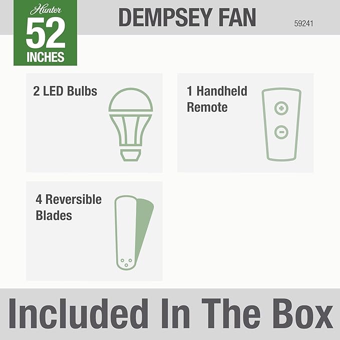 Hunter 52 inch Indoor Ceiling Fan with LED Light and Remote Control - Modern Ceiling Fan, Low Profile Mount, 4 Black Oak Blades, For Bedroom, Living Room, or Kitchen - Dempsey 59241, Brushed Nickel