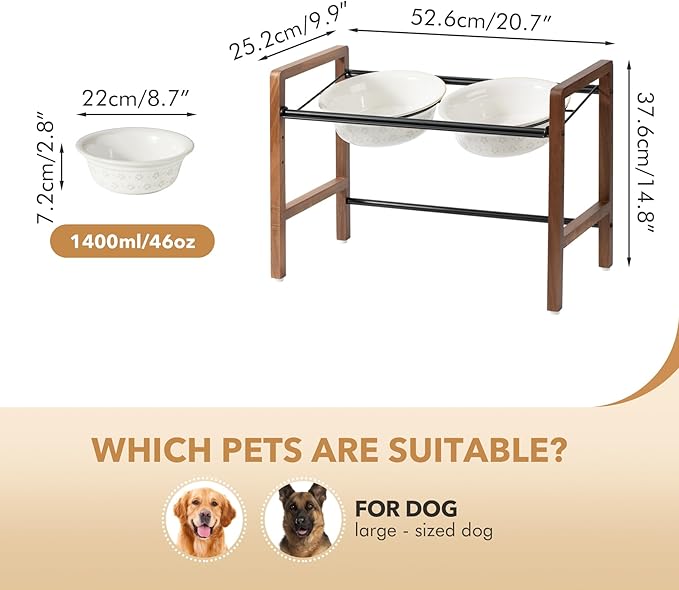 8.7inch Ceramic Adjustable Raised Double Bowls Set with Stand, 3 Heights Elevated, 2 Placement Options, Food and Water Dishes for Large Dog(Double Bowls+Stand, Reactived Glaze -White)-Mewly Pet