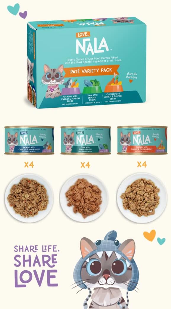 LOVE, NALA - Natural Adult Cat Wet Food - Pate Variety Pack - Tuna, Chicken, Mackerel - Grain Free, Non-GMO, Fiber Blend, Minerals, Vitamins - 12 Pack 2.1 lbs.-Mewly Pet