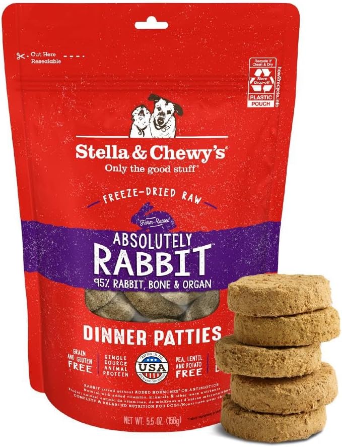 Stella & Chewy's Freeze-Dried Raw Dinner Patties - Absolutely Rabbit Recipe - High Protein Grain-Free Puppy & Dog Food - Perfect For Picky Eaters - 5.5 oz-Mewly Pet
