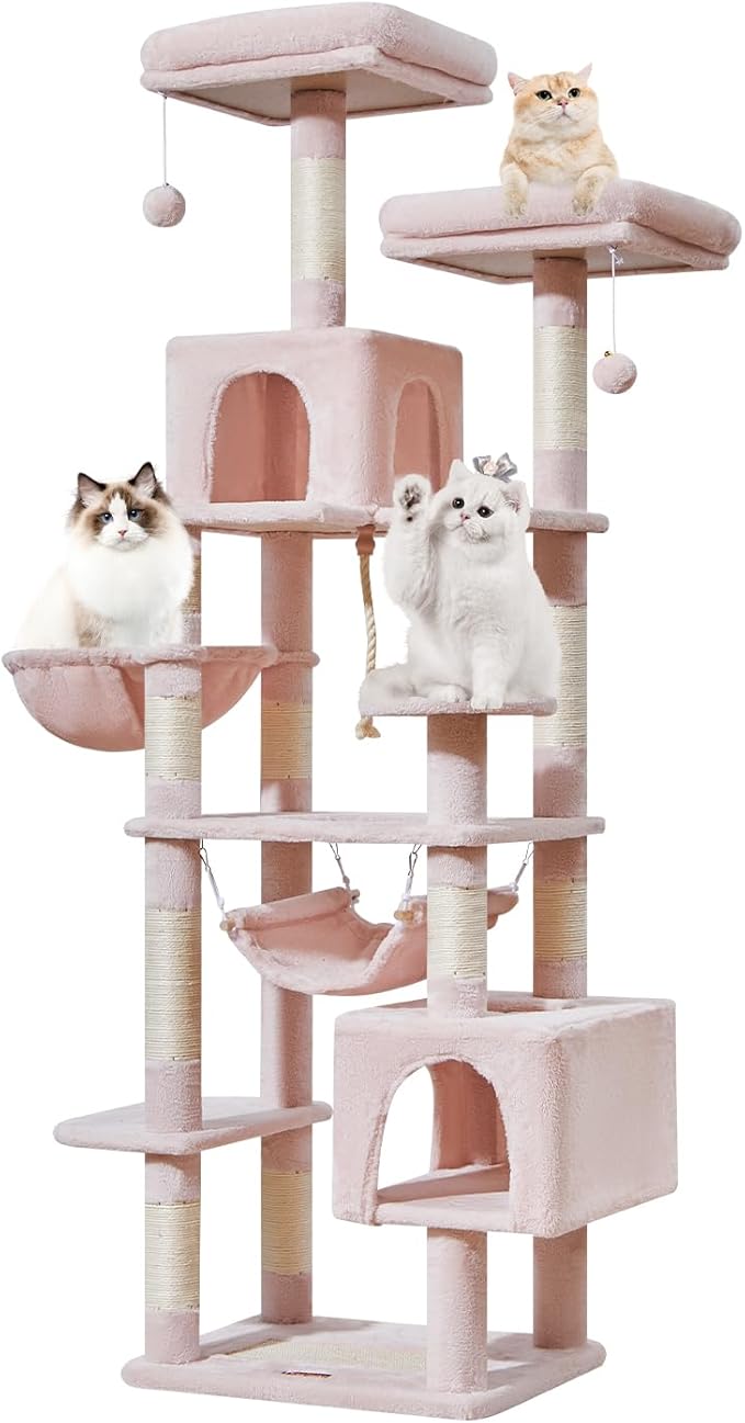Taoqimiao Cat Tree, 71-Inch Cat Tree Cat Tower for Indoor Cats, Plush Multi-Level Cat Condo with 10 Scratching Posts, 2 Perches,Basket, 2 Caves,Hammock, 2 Pompoms,MS020P Jelly Pink-Mewly Pet