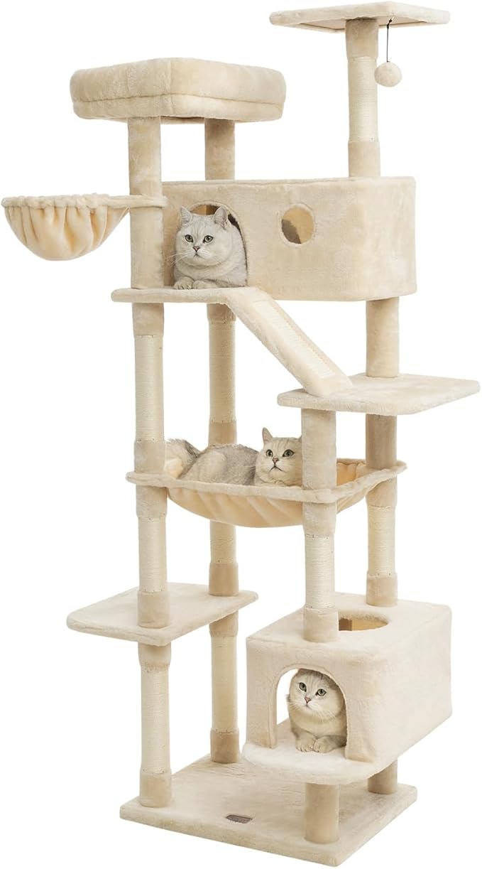 73 inches Large Cat Tree for Indoor Cats, Tall Cat Tower with Sisal Scratching Posts and Pads, Padded Plush Perch, Cozy Basket, Plush Condo for Large Cats (Beige)-Mewly Pet