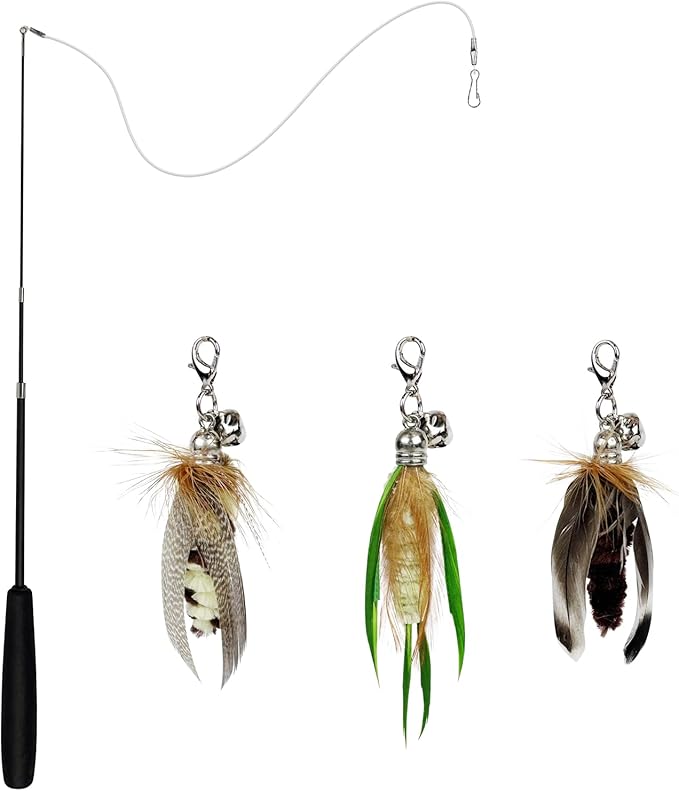 TTcat Cat Feather Wand Toys,Retractable Wand Toy with 3 Mini Insect Refills, Transparent Carbon Wire,Interactive Cat Toy Kitten Toy for Indoor Cats to Play Chase Exercis-Mewly Pet