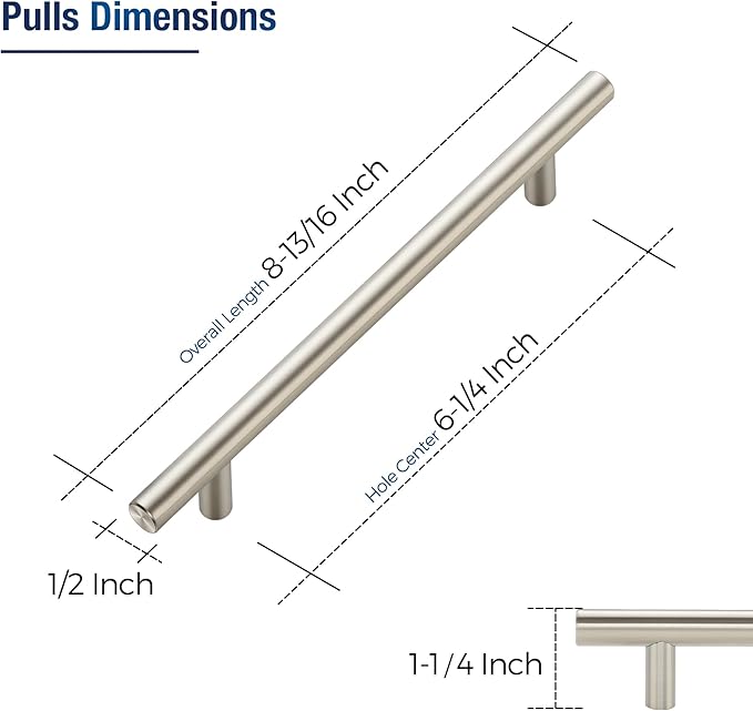 JOY DECOR 10 Pack Cabinet Handles, Brushed Nickel Cabinet Pulls, 6-1/4 in Hole Center Kitchen Cabinet Handles, Stainless Steel T Bar Handles for Dresser Drawers