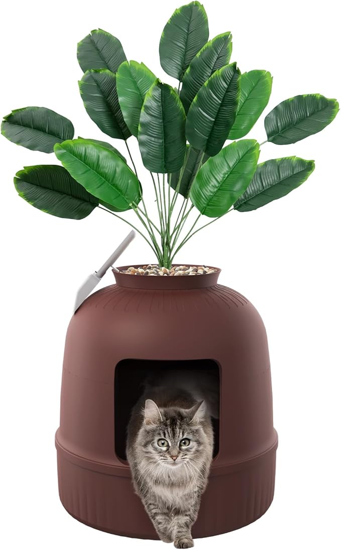Lifewit Litter Box with Faux Plant & Scoop for Large Cat, Hidden Corner Enclosure Litter Tray with Odor Control & Carbon Filter in Living Room/Bedroom/Bathroom, Brown-Mewly Pet